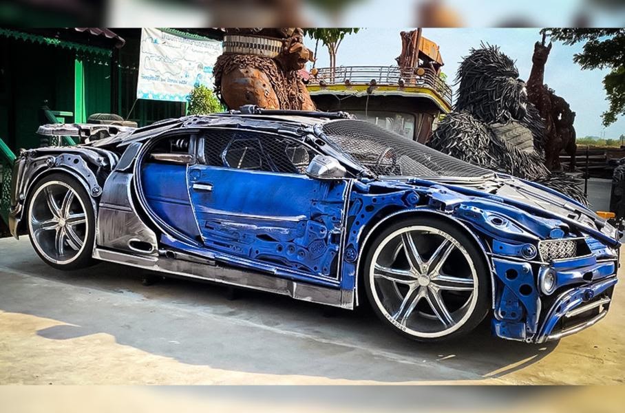 Функциональная реплика Bugatti Chiron в стиле ситмпанк сделана из металлолома и запасных частей от разных автомобилей 