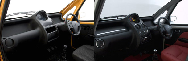 Интерьер Tata Nano: слева - базовая версия; справа - люкс