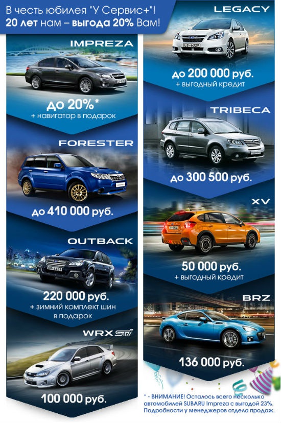 20 лет «У Сервис+» – Ваша выгода 20% на автомобили Subaru