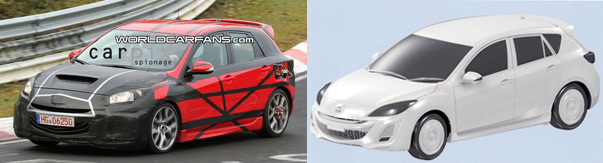 Слева - шпионские фото Mazda3 MPS; справа - предположительные эскизы макета модели