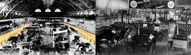 Слева - фотография павильона чикагского автосалона (1901 год),