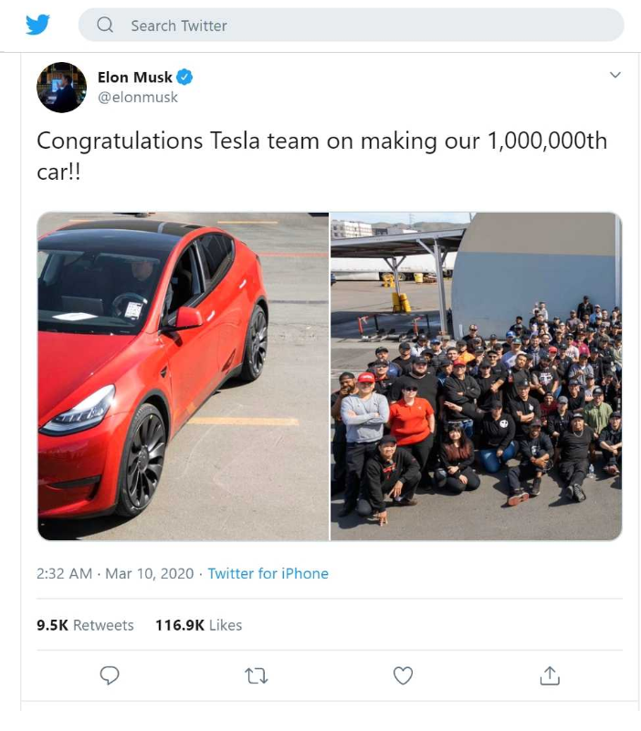 Генеральный директор компании Tesla поздравил команду с выпуском миллионного электрического автомобиля